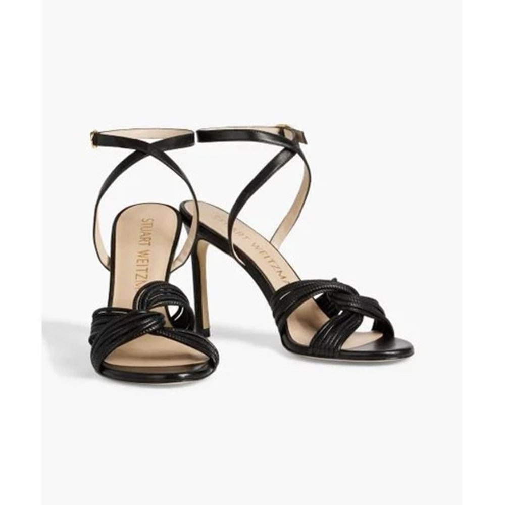 $500 Stuart Weitzman TWIST SLEEK SANDAL BLACK LEATHER NUDIST 9  (TC11)